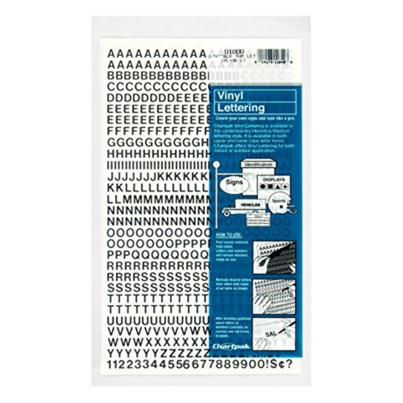 Chartpak Press-On Vinyl Letters and Numbers, Self Adhesive, Black, 0.25"h, 610/Pack - Image 1